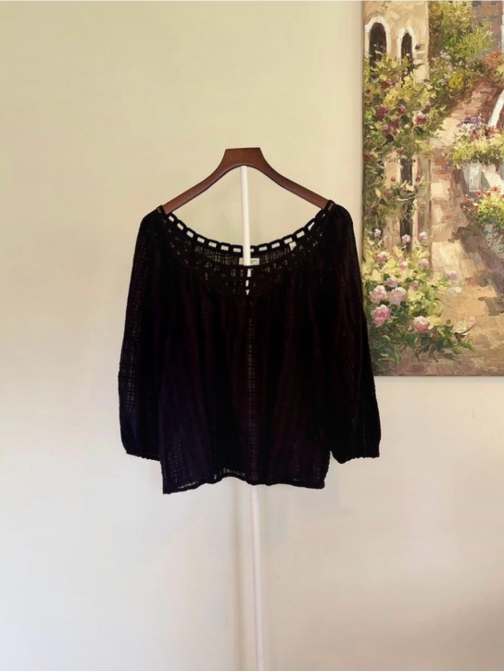 Max Studio Black Boho Crochet Lace Blouse Flowy Peasant Top Size Medium